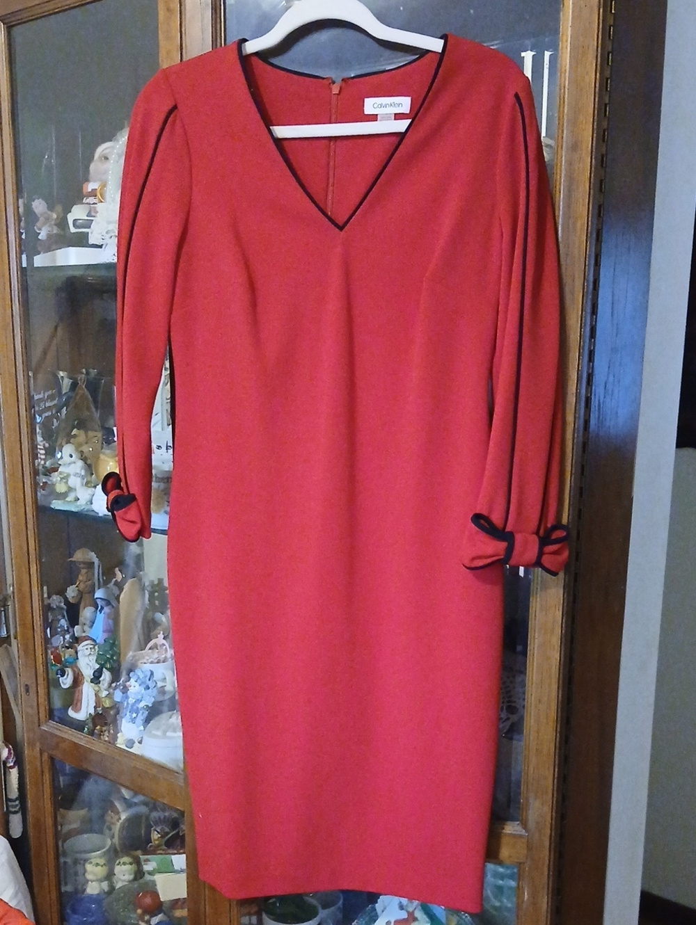 Calvin Klein Red V-Neck Long Sleeve Dress with Black Trim Bows Cuffs! Christmas!